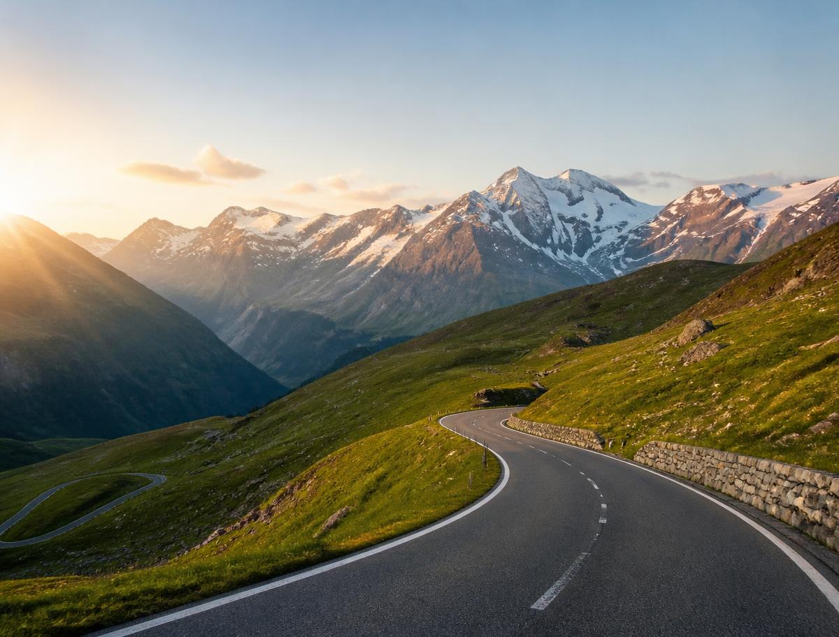 Mountain highway winding into morning mist